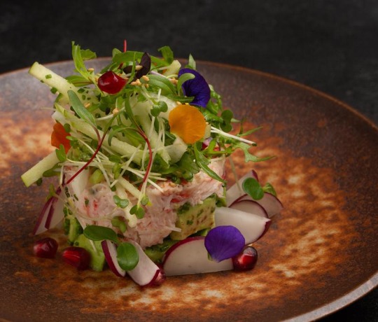 Large plate with a seafood starter garnished with radish, flowers and pomegranate seeds